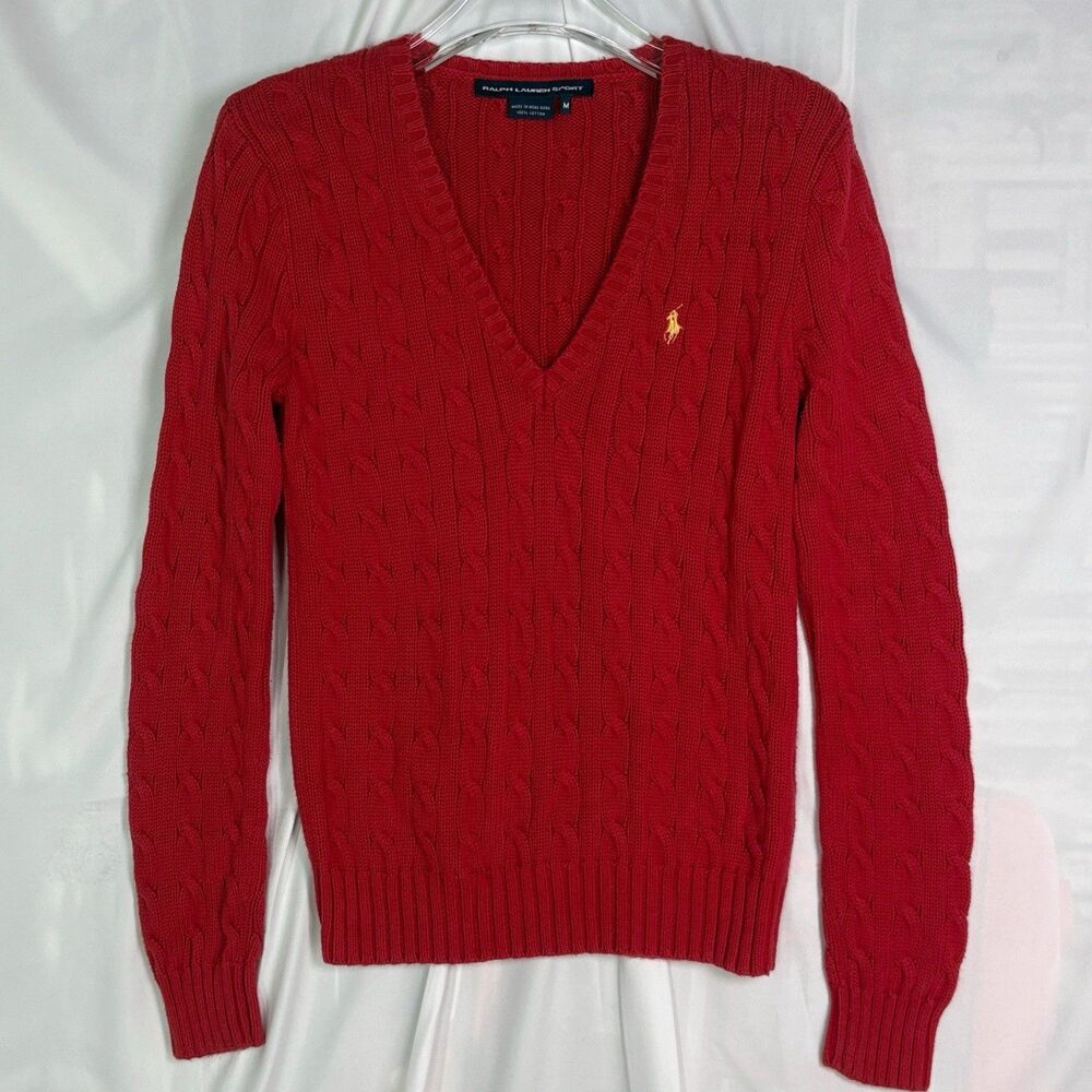 Vintage Ralph Lauren Sport Sweater Womens M Red Cable Knit Pony V-neck Hong Kong